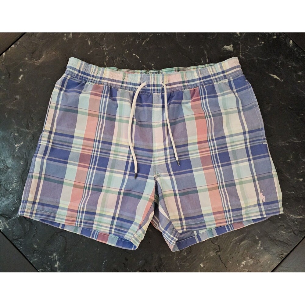 Polo Ralph Lauren Plaid Swim Trunks Mens L Pony Logo Lined Drawstring Preppy